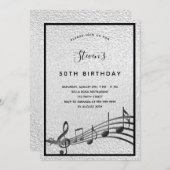 Invitation Anniversaire argent noir notes métalliques (Devant / Derrière)