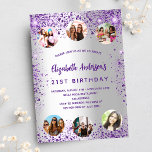 Invitation Anniversaire argent violet mousseux photo amis<br><div class="desc">Une invitation à la fête d'anniversaire de 21e anniversaire, féminine et féminine (ou tout âge). Devant : Un arrière - plan à la mode faux argent. Décoré de parties scintillant en faux violet foncé, brille. Personnalisez et ajoutez un nom, les détails de la fête et 6 photos. Le nom est...</div>
