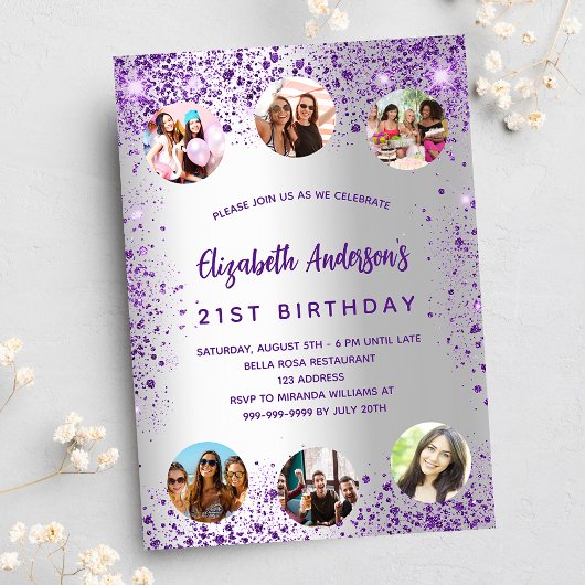 Invitation Anniversaire argent violet photo amis luxe