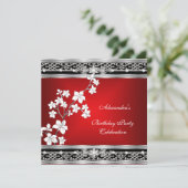 Invitation Anniversaire Asiatique Rouge Noir Floral Argent Bl (Debout devant)