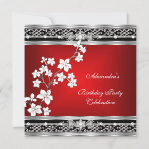 Invitation Anniversaire Asiatique Rouge Noir Floral Argent Bl
