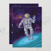 Invitation Anniversaire. Astronaut dans l'espace avec étoiles (Devant / Derrière)