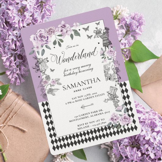 Invitation Anniversaire au pays des merveilles Chic Lilac