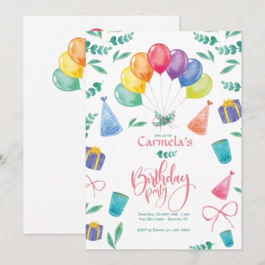 Invitation Anniversaire Avec Ballons (Devant / Derrière)