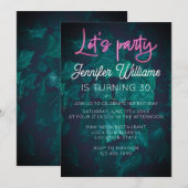 Invitation Anniversaire avec feuillage de script néon rose ch (Devant / Derrière)