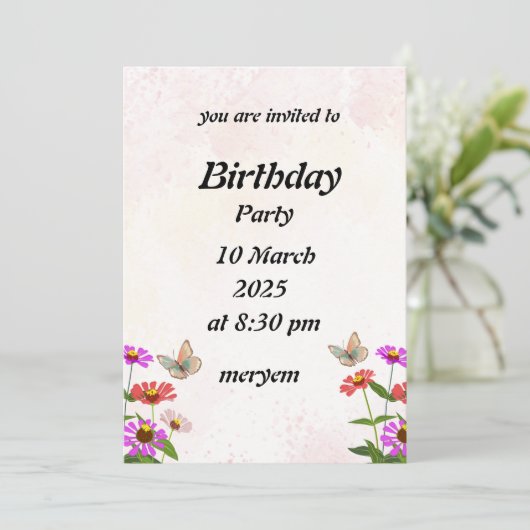 invitation anniversaire avec Floral aux papillons (Debout devant)