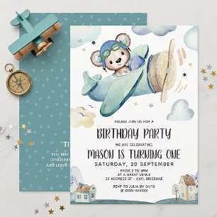 Invitation Anniversaire avion ours en peluche