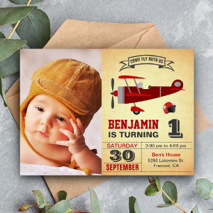 Invitation anniversaire avion rouge rétro vintage
