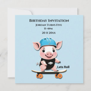 Invitation Anniversaire Baby Pig Skateboard,