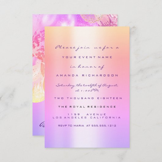 Invitation Anniversaire Baby shower rose or Ballons violet (Devant / Derrière)