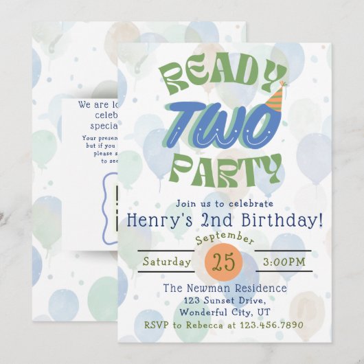 Invitation anniversaire ballon fête Ready Two (Devant / Derrière)