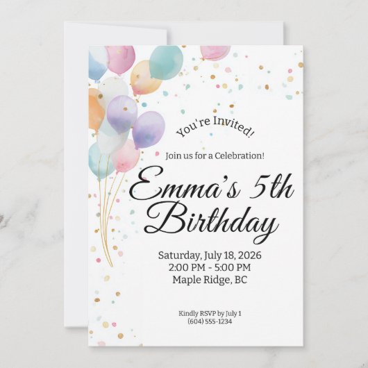 Invitation Anniversaire Ballons Pastel (Devant)