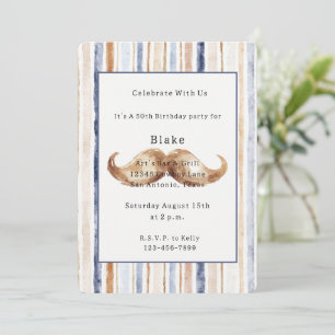 Invitation Anniversaire Barbe Moustache Rayures Marron Bleu C