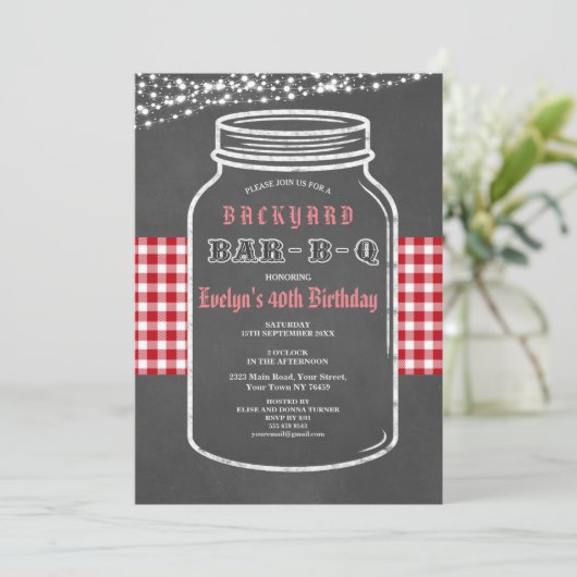 Invitation Anniversaire BARBEQUE Mason Jar Red En vichy Invit (Debout devant)