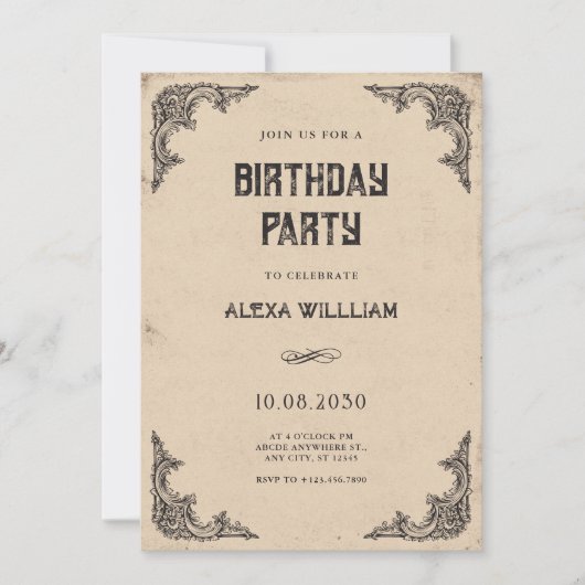 Invitation anniversaire baroque vintage (Devant)