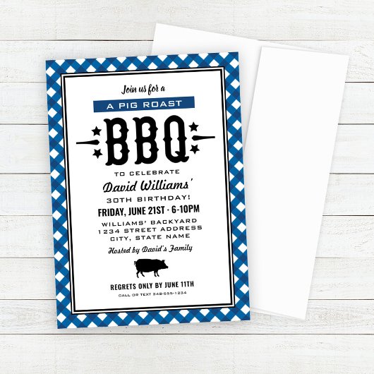 Invitation Anniversaire BBQ Cochon Rôti Gingham Bleu