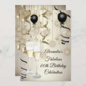 Invitation Anniversaire beige Or noir Balloon champagne (Devant / Derrière)