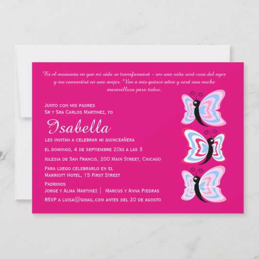 Invitation Anniversaire Bilingue du papillon Quinceañera à de (Dos)