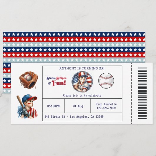 Invitation Anniversaire Billet de Baseball Garçon (Devant / Derrière)