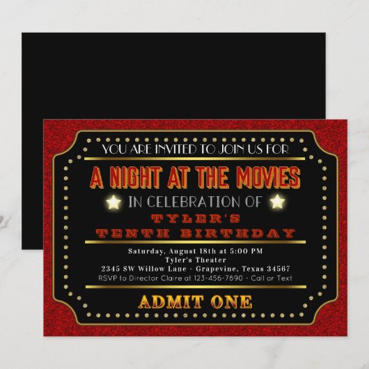 Invitation Anniversaire Billet de Cinéma (Devant / Derrière)