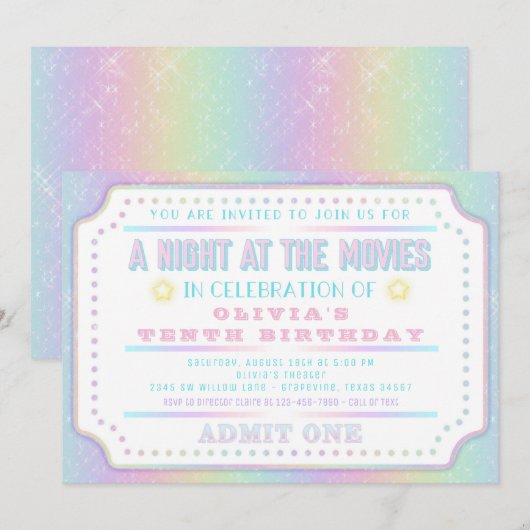 Invitation Anniversaire Billet de Cinéma Fille (Devant / Derrière)