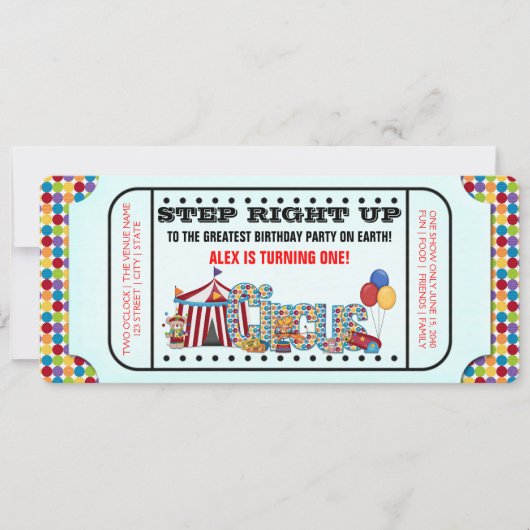 Invitation Anniversaire Billet de Cirque (Devant)