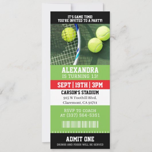 Invitation Anniversaire Billet de Tennis (Devant)