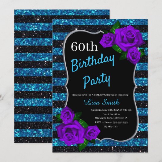 Invitation Anniversaire Black Blue Stripes Parties scintillan (Devant / Derrière)