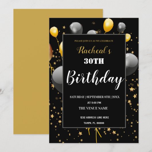Invitation Anniversaire Black & Gold personnalisé (Devant / Derrière)