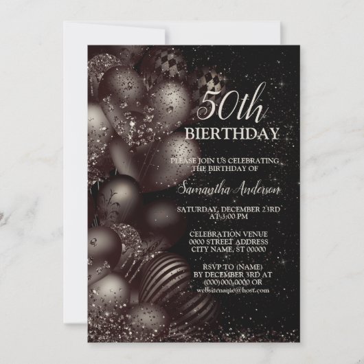 Invitation Anniversaire Black Parties scintillant Ballons Fêt (Devant)