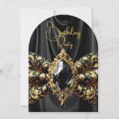 Invitation Anniversaire Black Silk Faux Gold Jewel Paisley (Devant)