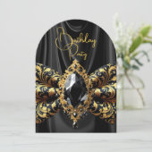 Invitation Anniversaire Black Silk Faux Gold Jewel Paisley (Debout devant)
