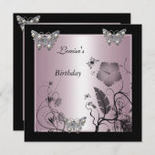 Invitation Anniversaire Black Silver Pearl Butterfly Party ro (Devant / Derrière)