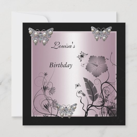 Invitation Anniversaire Black Silver Pearl Butterfly Party ro (Devant)