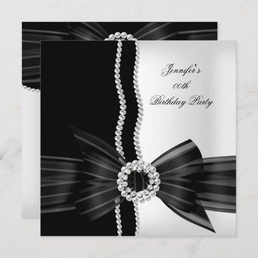 Invitation Anniversaire Black White Pearl Diamond Image (Devant / Derrière)