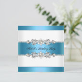 Invitation Anniversaire Blanc Bleu Turquoise Perle Bijou (Debout devant)