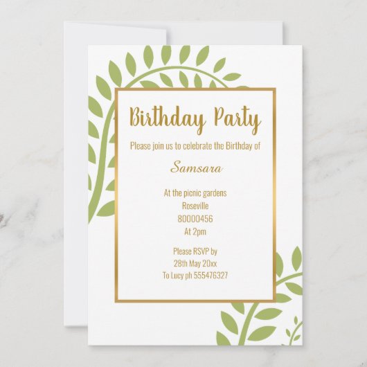 INVITATION ANNIVERSAIRE BLANC DE FERN BOTANIQUE VERT MODERNE (Devant)