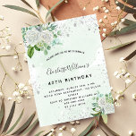 Invitation Anniversaire blanc fleuri argent vert<br><div class="desc">Une invitation moderne, élégante et glamour pour une fête d'anniversaire de 40ème femme (ou tout âge). Un arrière - plan vert aquarellé avec de la poussière de parties scintillant en faux argent, des fleurs blanches et de la verdure. Le nom est écrit avec un script de style moderne en lettres...</div>