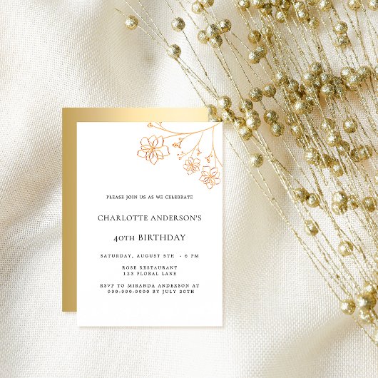Invitation Anniversaire blanc or floral élégant luxe
