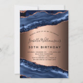 Invitation Anniversaire bleu agate marbre rose or (Devant)