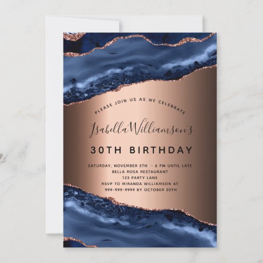 Invitation Anniversaire bleu agate marbre rose or (Devant)