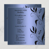 Invitation Anniversaire Bleu avec Floral Noir (Devant / Derrière)