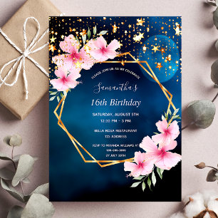 Invitation Anniversaire bleu ciel étoiles or geo rose floral