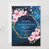 Invitation Anniversaire bleu ciel étoiles rose floral or géom (Devant)