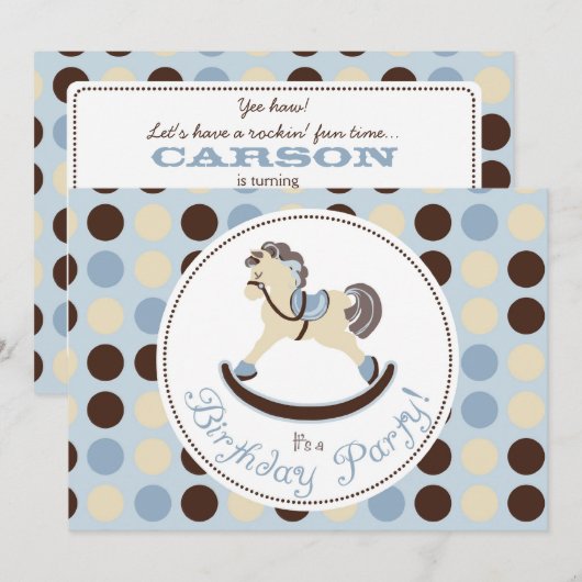 Invitation Anniversaire bleu de cheval de basculage (Devant / Derrière)