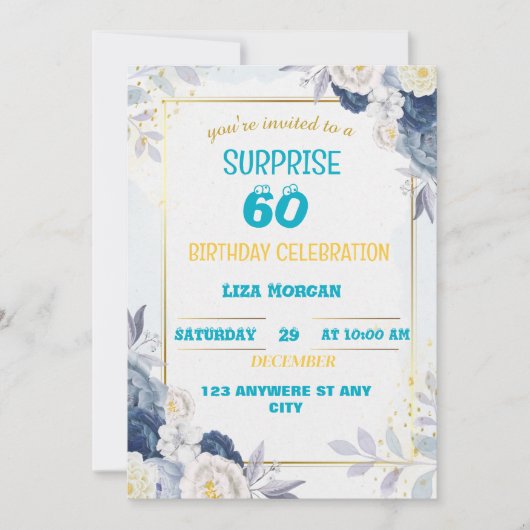 Invitation Anniversaire bleu et or moderne (Devant)