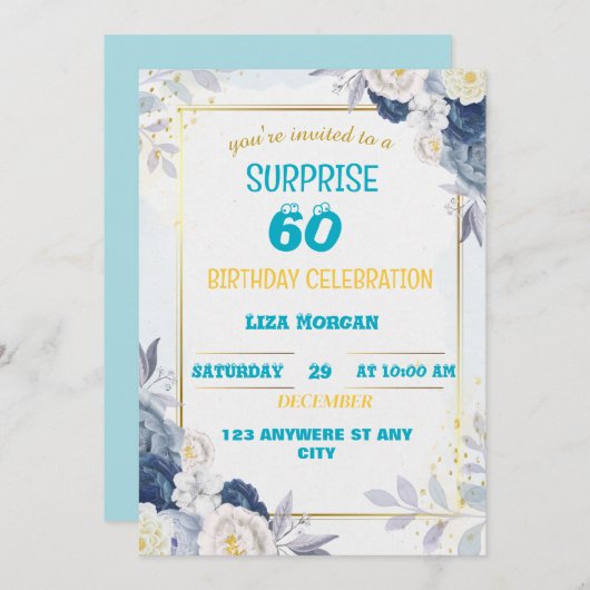 Invitation Anniversaire bleu et or moderne (Devant / Derrière)