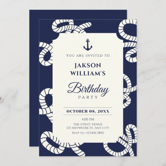 Invitation Anniversaire bleu marine (Devant / Derrière)