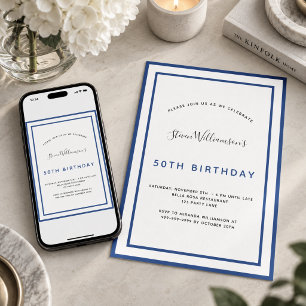 Invitation Anniversaire bleu marine blanc minimaliste homme