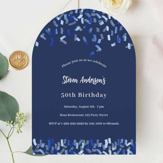 Invitation Anniversaire bleu marine confetti